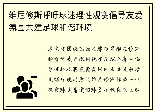 维尼修斯呼吁球迷理性观赛倡导友爱氛围共建足球和谐环境